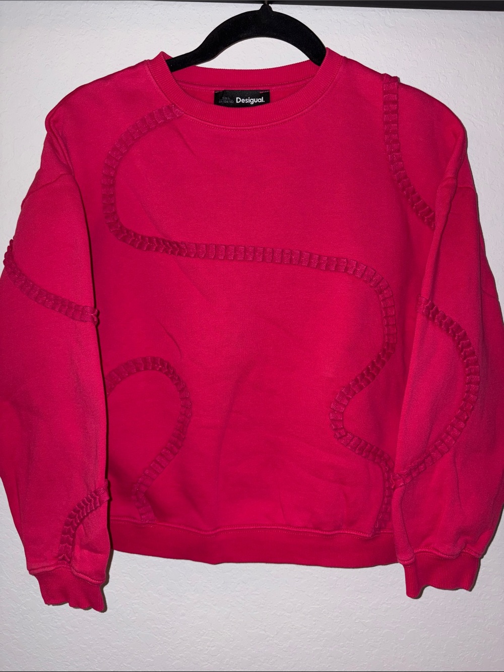 Desigual Bright Pink Crewneck Sweatshirt with Textured ribbon pattern